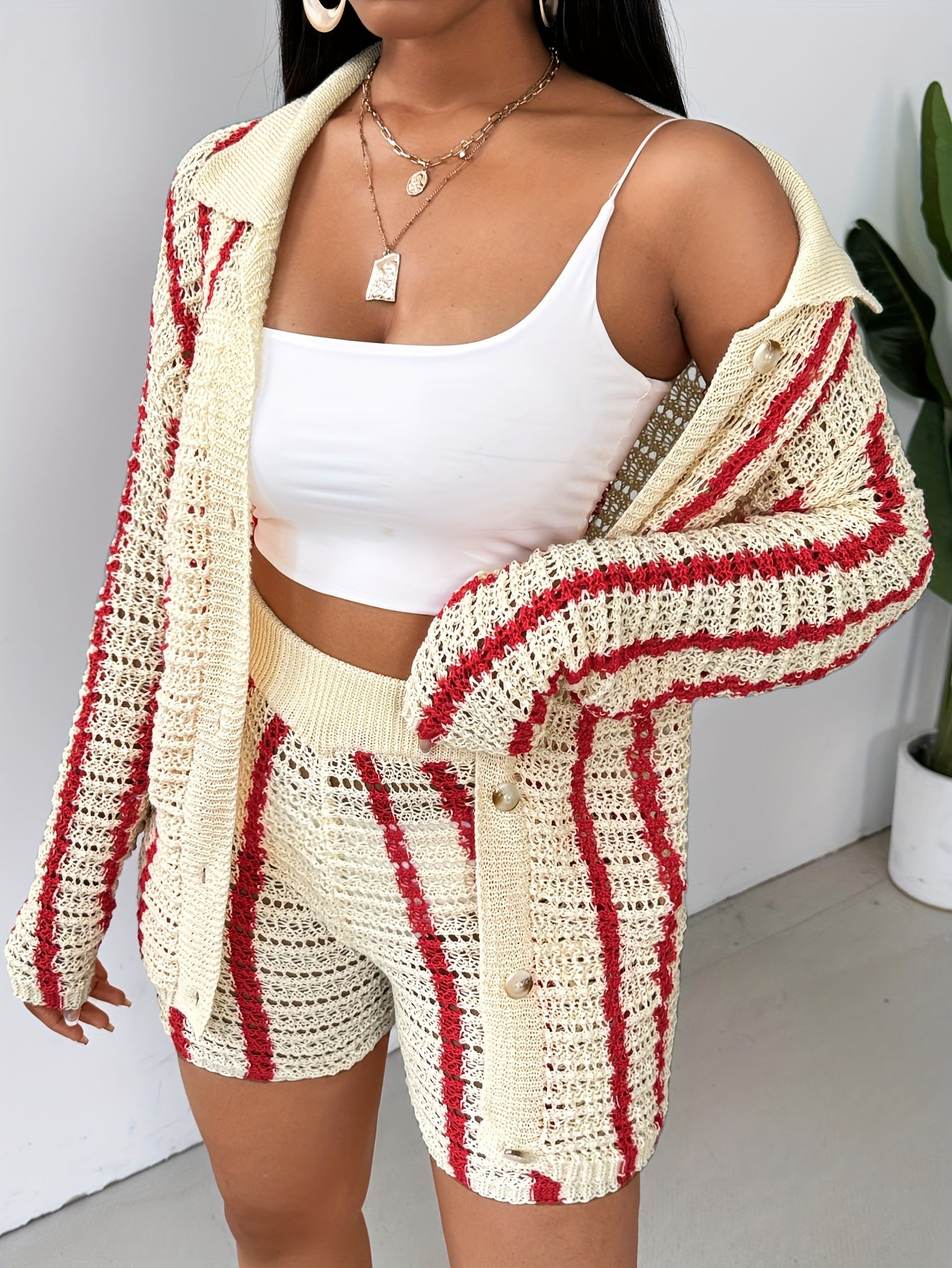 Two-Piece Color Knitted Pantsuit - Women's High Waist Shorts Outfits