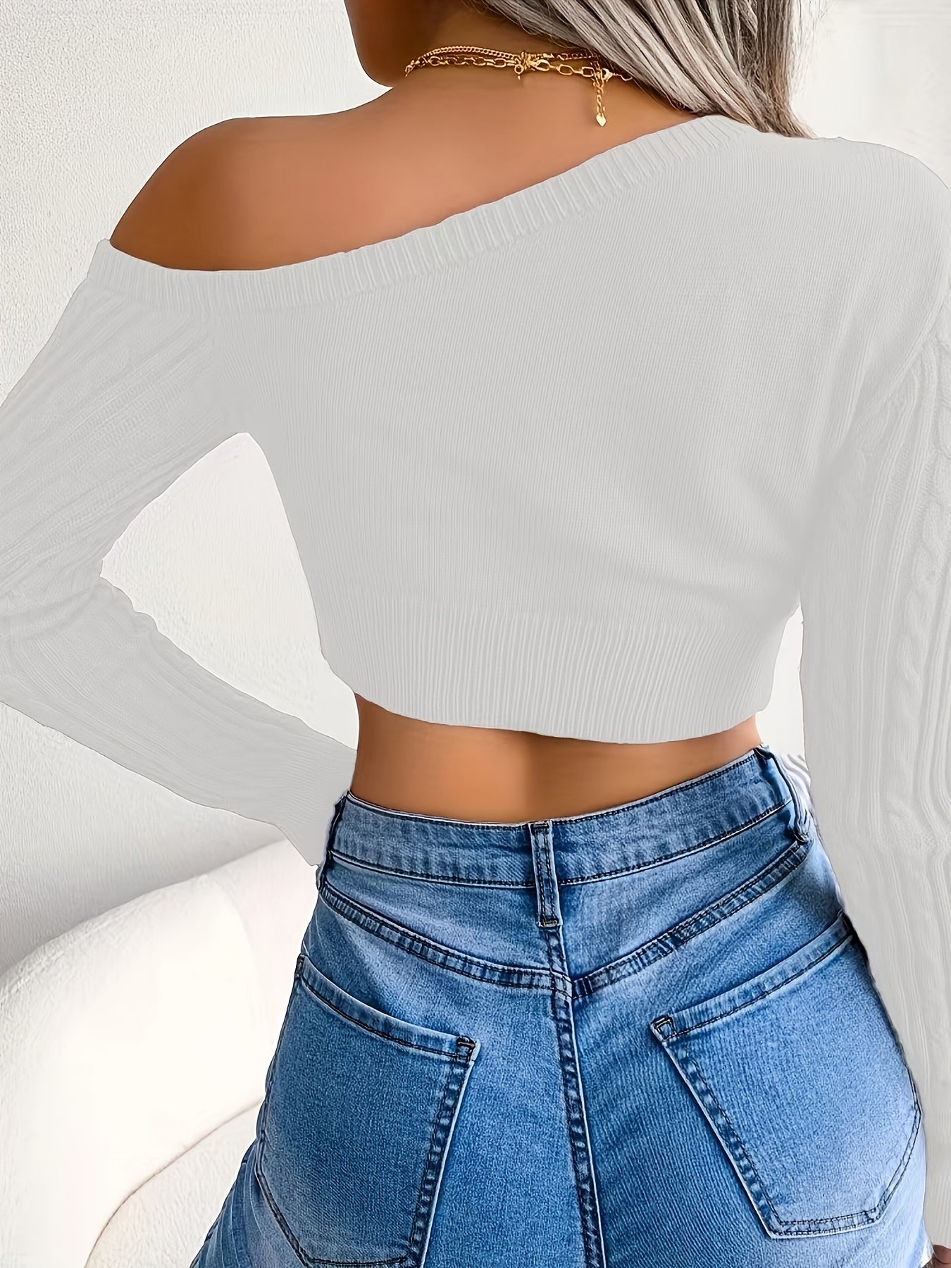Cropped Slanted Shoulder Long Sleeve Sweater