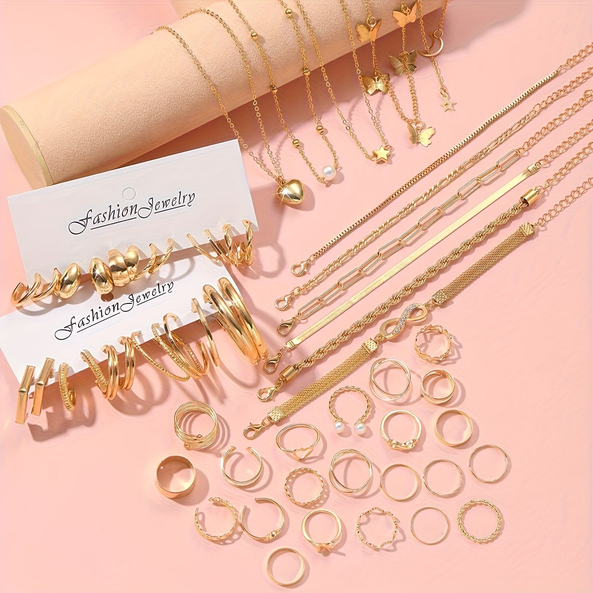 57 Pieces Simple Necklace, Bracelet, Ankle Bracelet, Ring, Earrings Set for Women