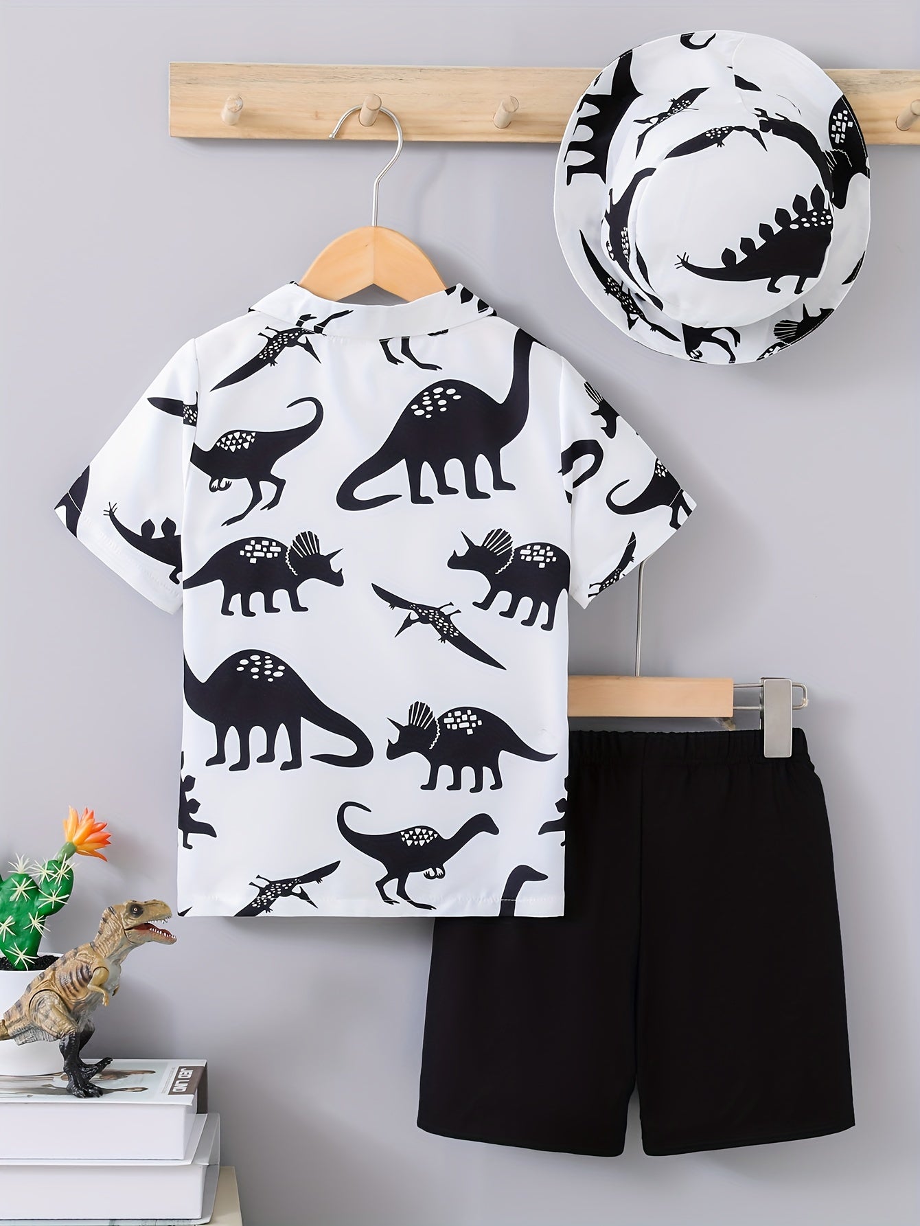 3pcs Boy's Casual Short Sleeve Collared Shirt With Hat & Shorts Set