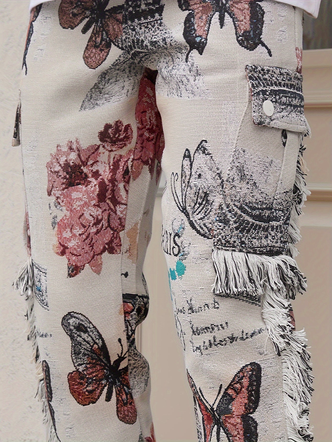 Vintage Butterfly Pattern Loose Straight Leg Long Pants