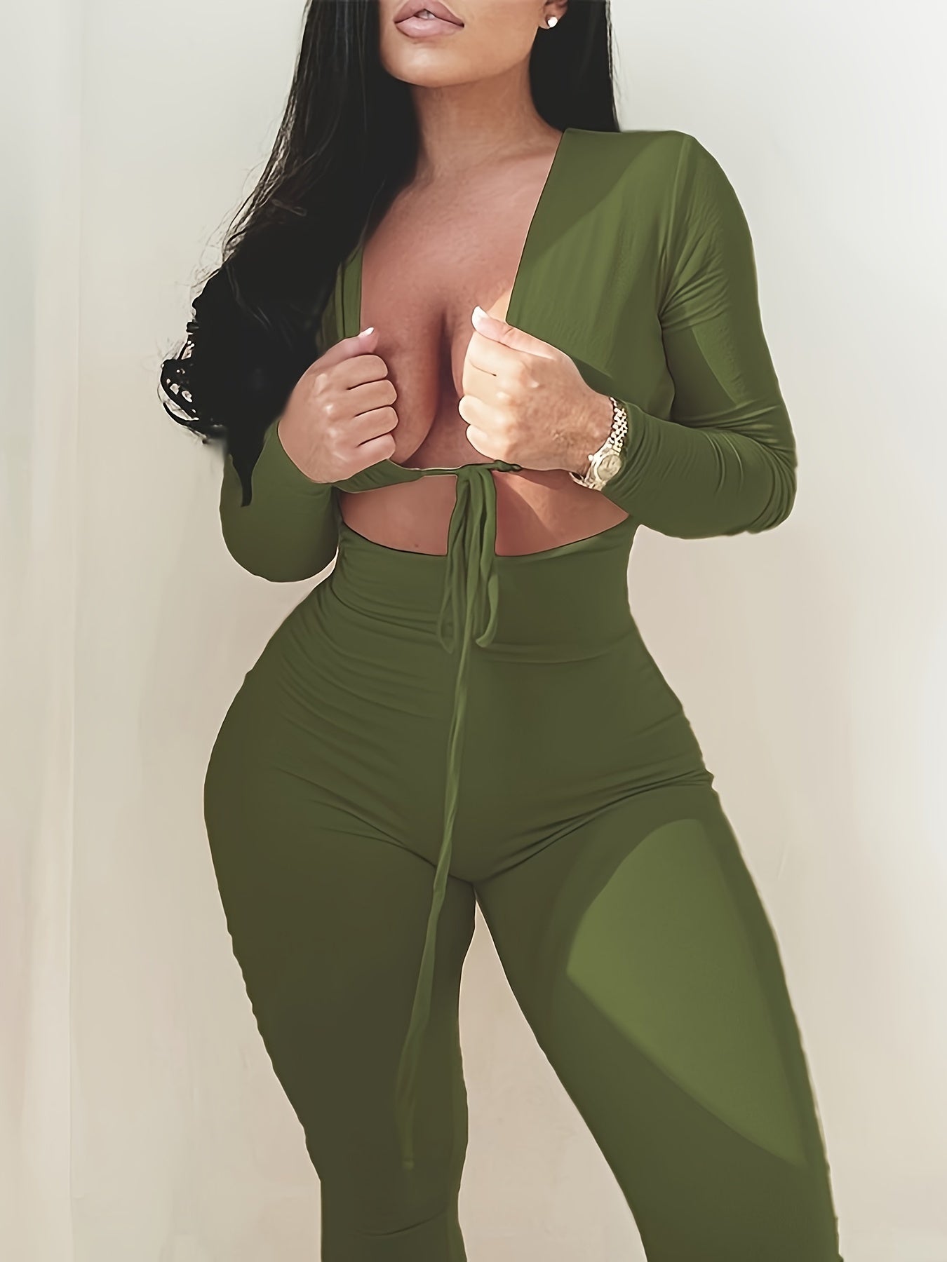 Long Sleeve Tie Front Cut Out Slim Jumpsuit