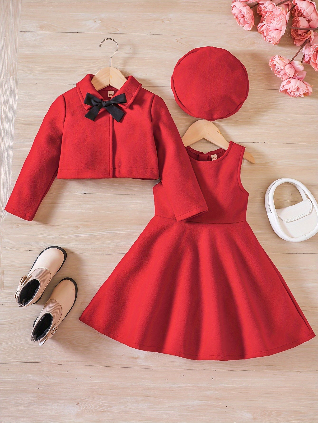 3pcs, Bowknot Coat & Beret & Tank Dress Set