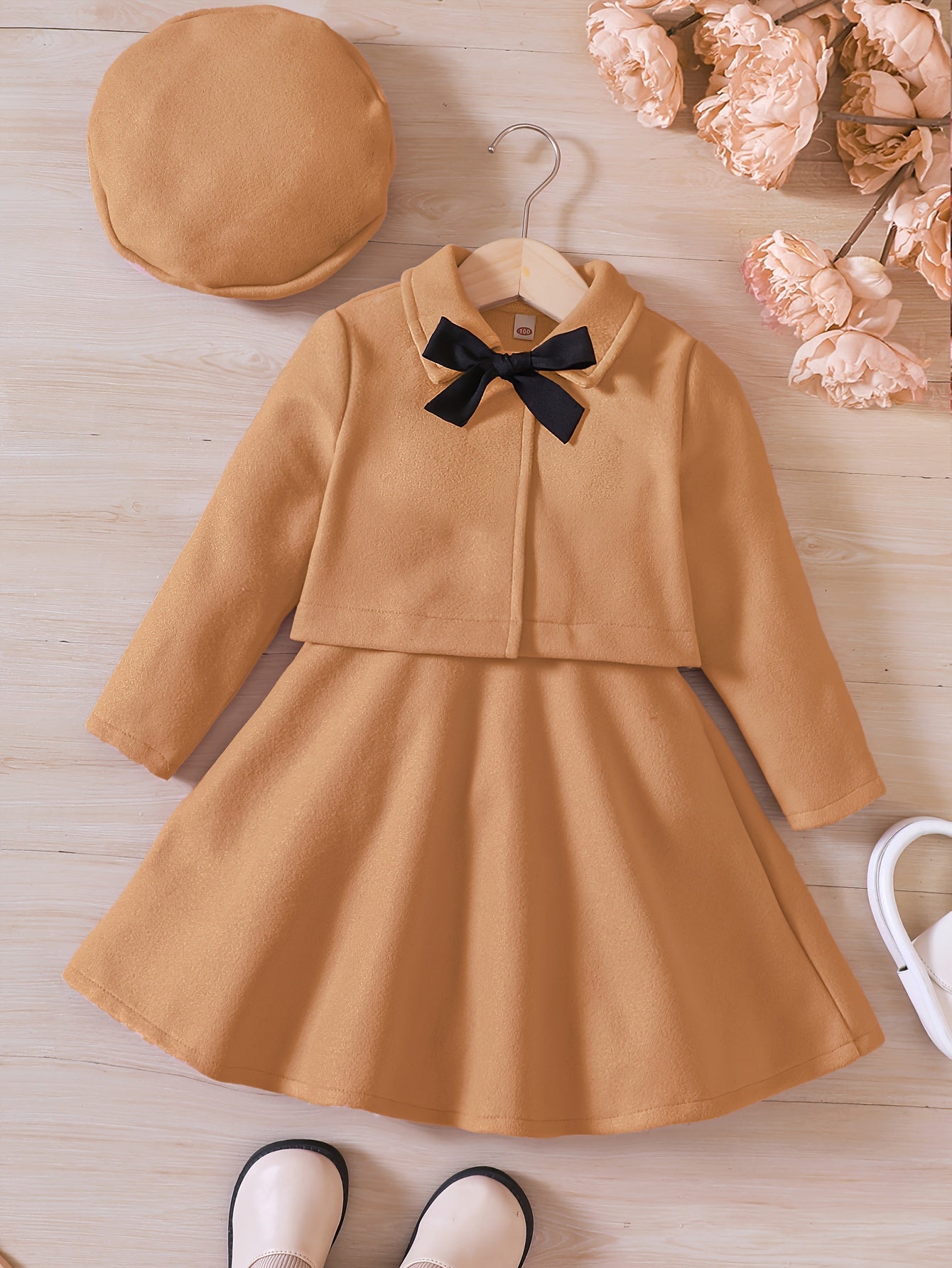 3pcs, Bowknot Coat & Beret & Tank Dress Set