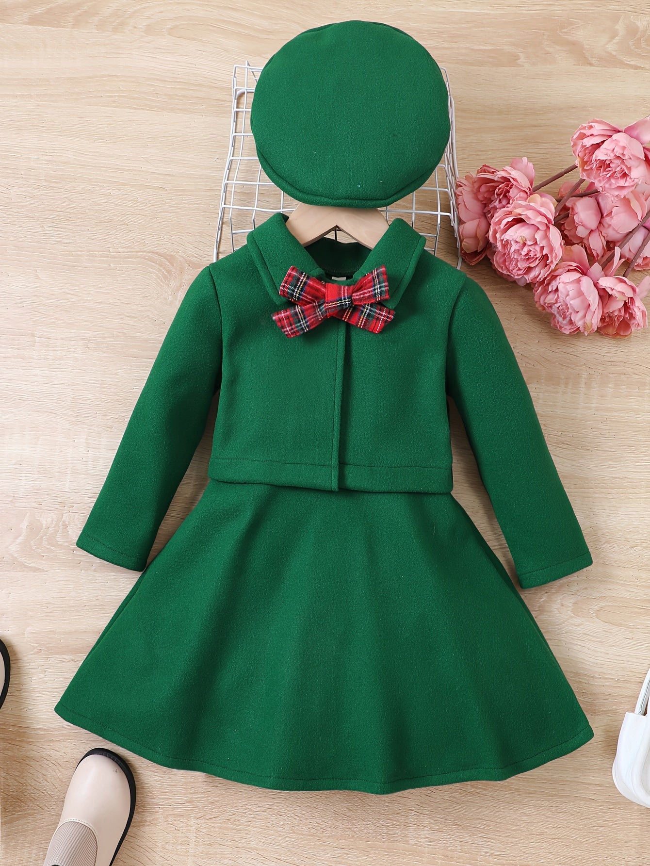 3pcs, Bowknot Coat & Beret & Tank Dress Set