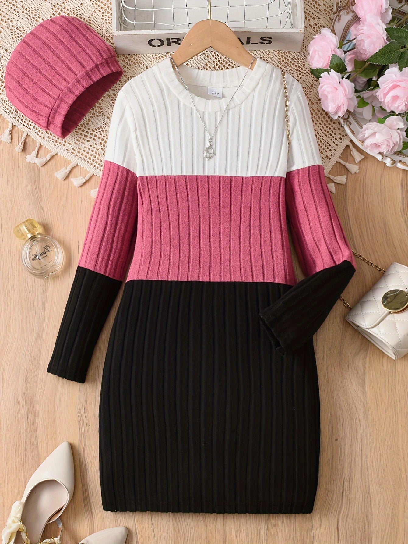 Three-Tone Color Block Long-Sleeve Dress and Matching Hat Set