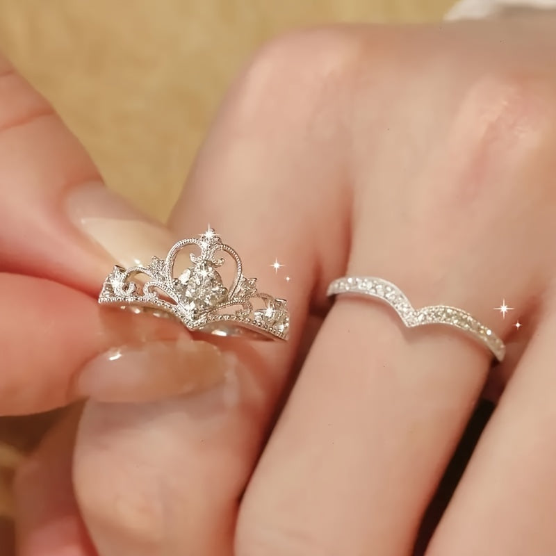 2-Piece Set Elegant Crown Rhinestone Ring Set