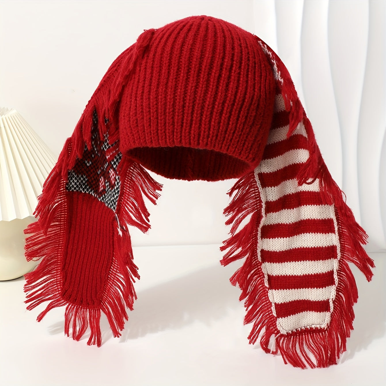 Chic Rabbit Ear Knit Beanie with Striped Tassel