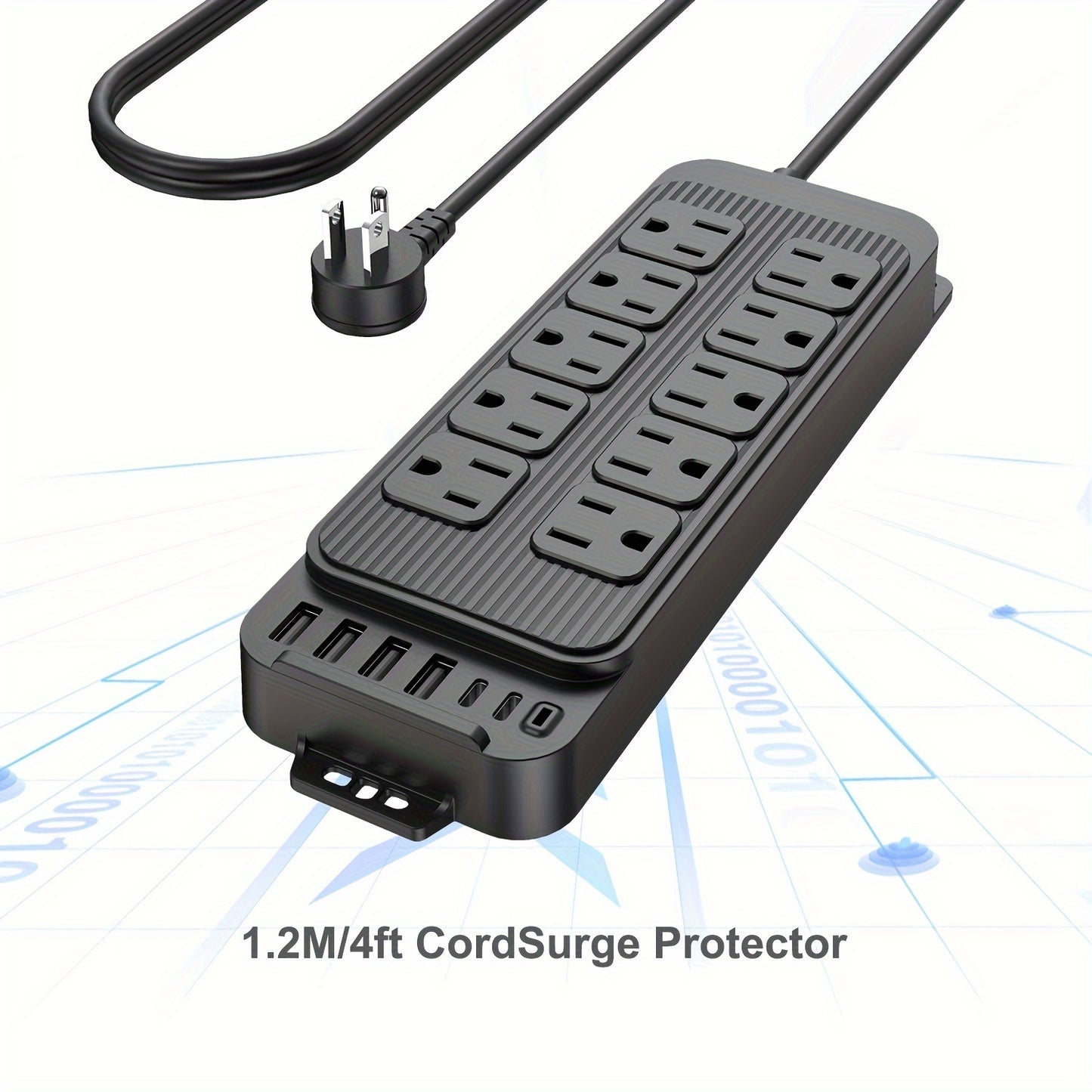 10-Outlet Flat Plug Power Strip with 6 USB Ports (2 USB-C)