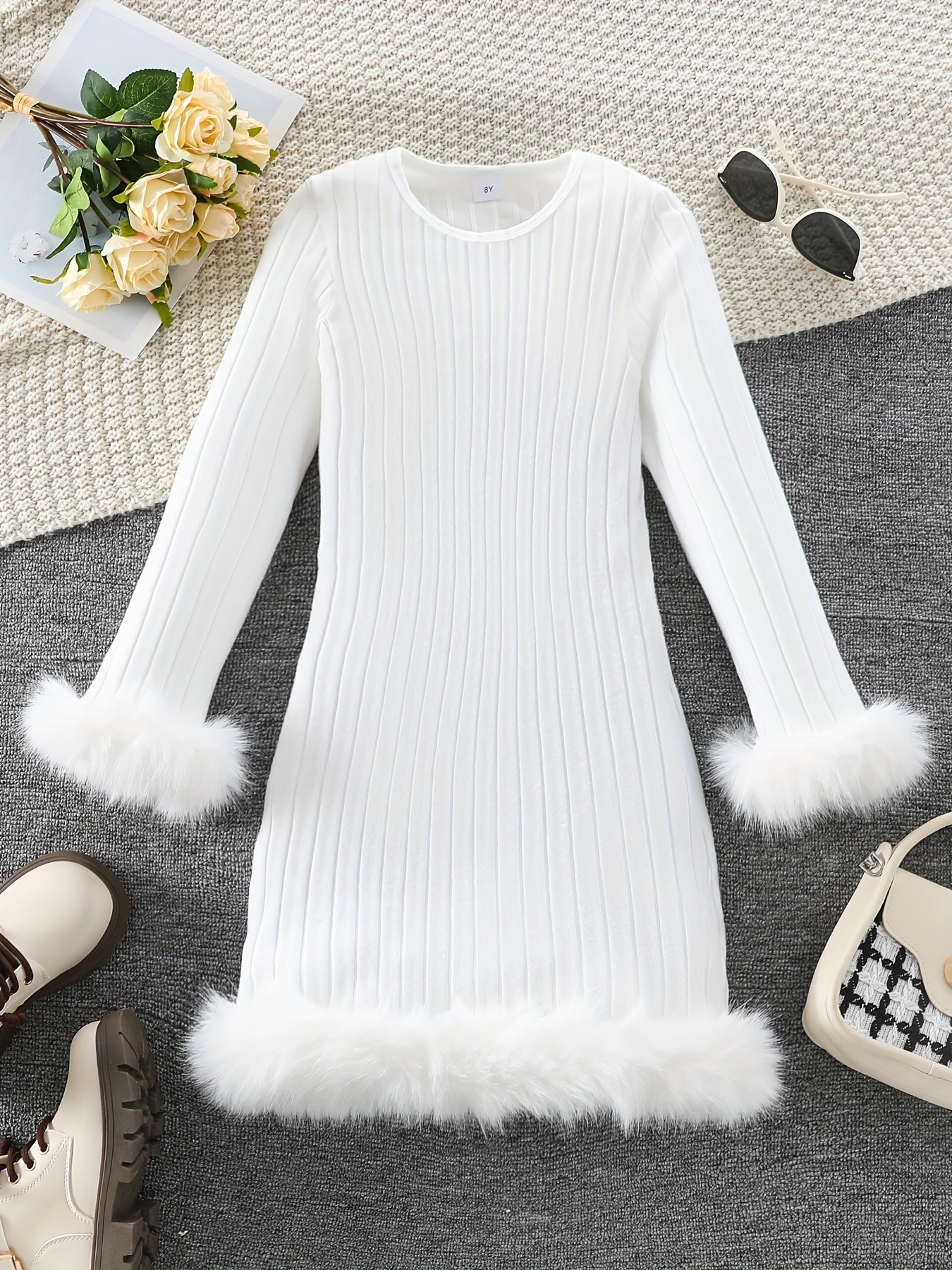 Long Sleeve Faux Furry Hem Ribbed Dress