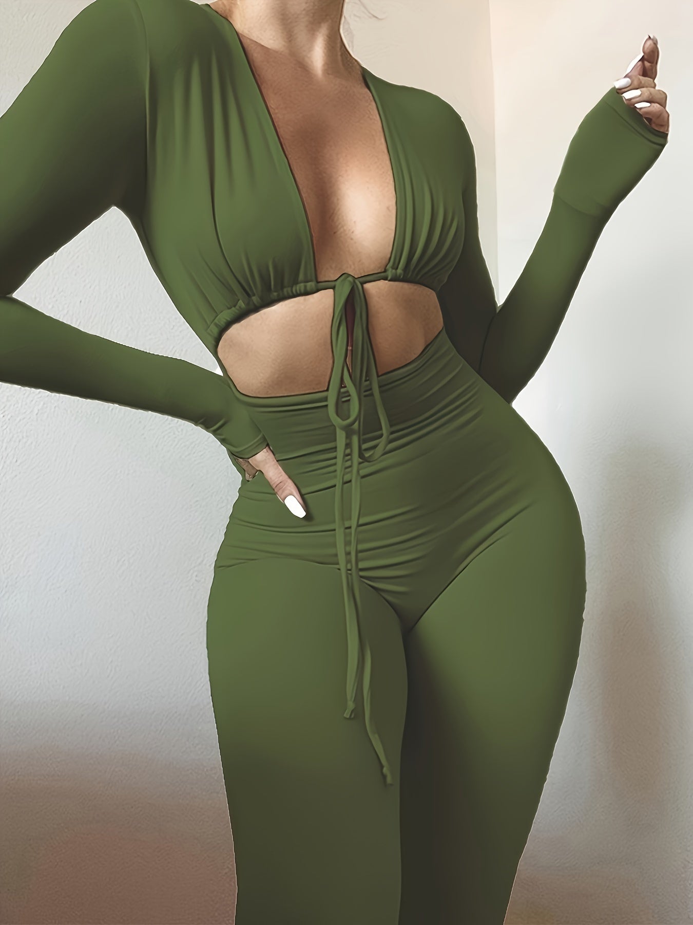 Long Sleeve Tie Front Cut Out Slim Jumpsuit