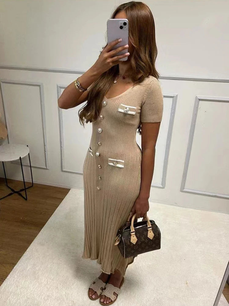 Office Lady Elegant Knitted Long Dress Summer Short Sleeve V Neck Single Breasted Bodycon Women Dresses