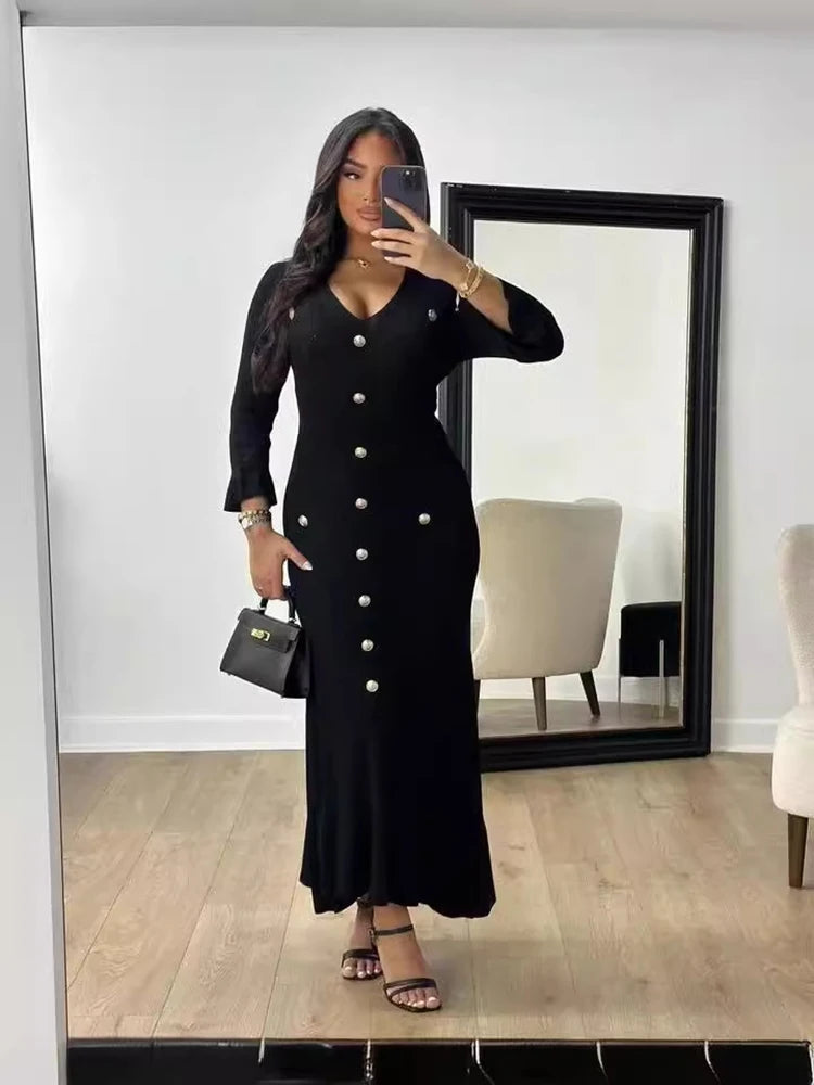Office Lady Elegant Knitted Long Dress Summer Short Sleeve V Neck Single Breasted Bodycon Women Dresses