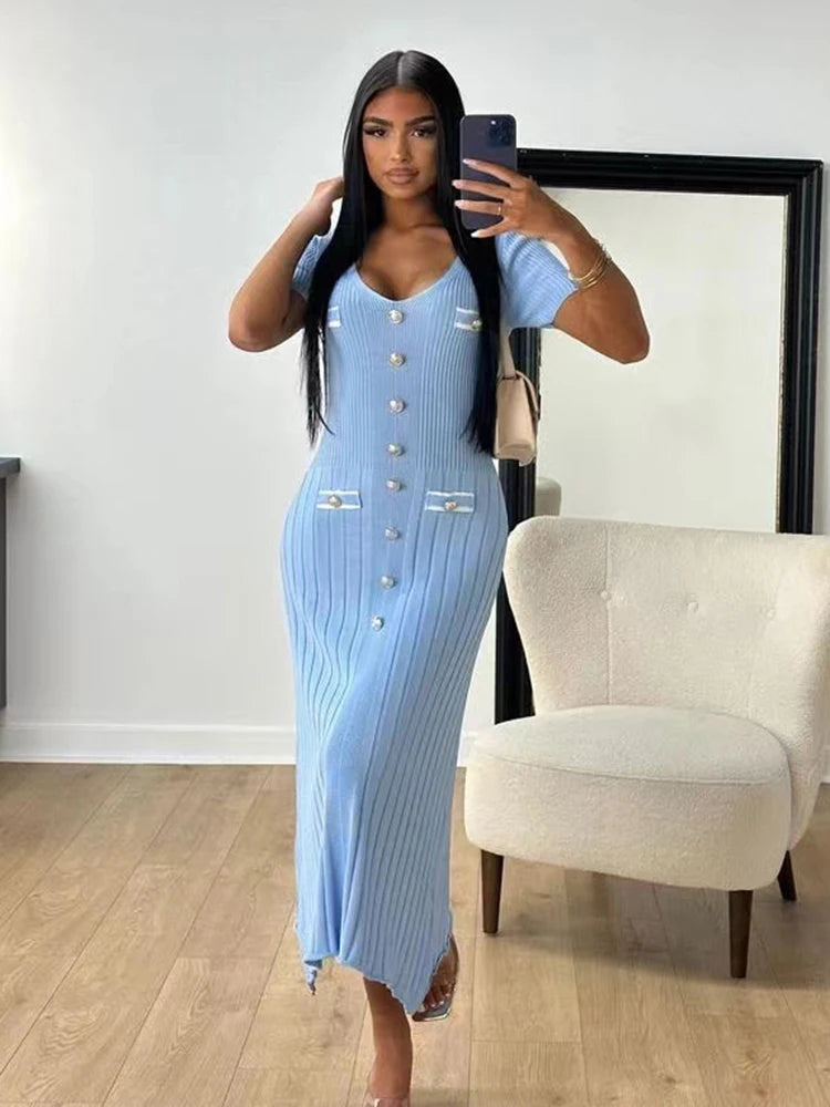 Office Lady Elegant Knitted Long Dress Summer Short Sleeve V Neck Single Breasted Bodycon Women Dresses