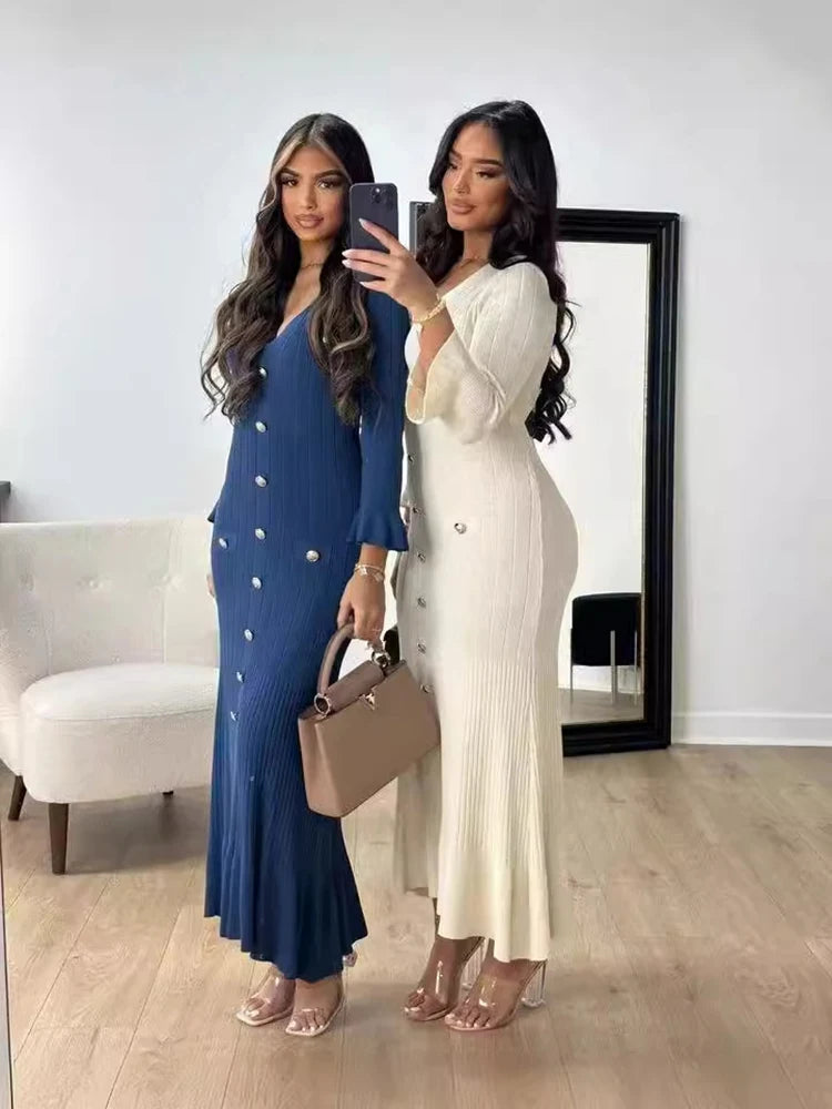 Office Lady Elegant Knitted Long Dress Summer Short Sleeve V Neck Single Breasted Bodycon Women Dresses