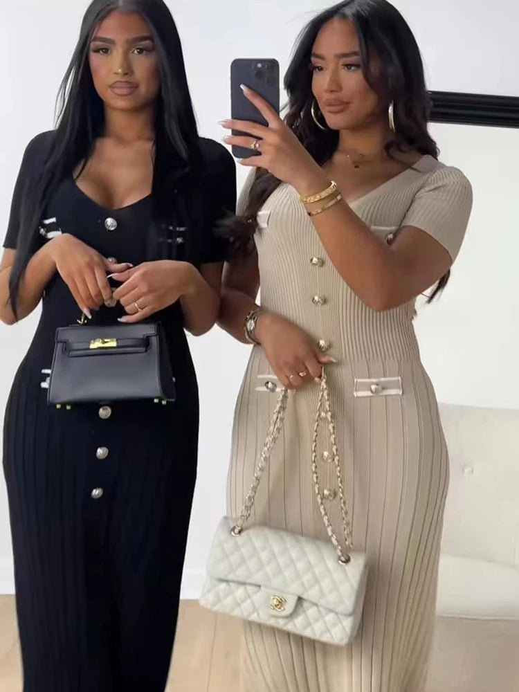 Office Lady Elegant Knitted Long Dress Summer Short Sleeve V Neck Single Breasted Bodycon Women Dresses