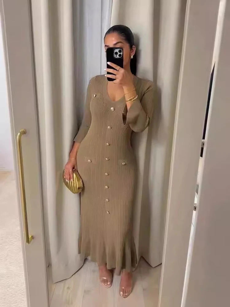 Office Lady Elegant Knitted Long Dress Summer Short Sleeve V Neck Single Breasted Bodycon Women Dresses