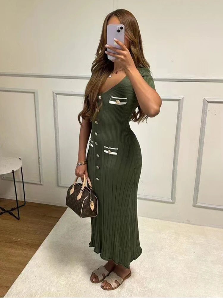 Office Lady Elegant Knitted Long Dress Summer Short Sleeve V Neck Single Breasted Bodycon Women Dresses