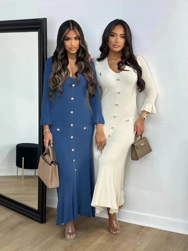 Office Lady Elegant Knitted Long Dress Summer Short Sleeve V Neck Single Breasted Bodycon Women Dresses