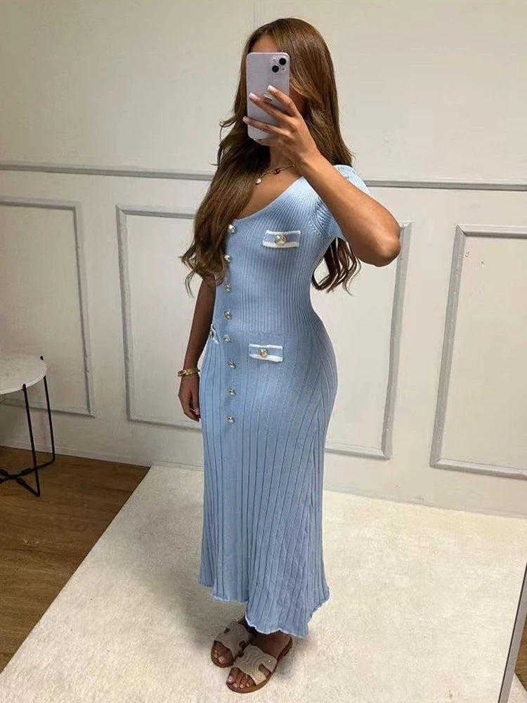 Office Lady Elegant Knitted Long Dress Summer Short Sleeve V Neck Single Breasted Bodycon Women Dresses