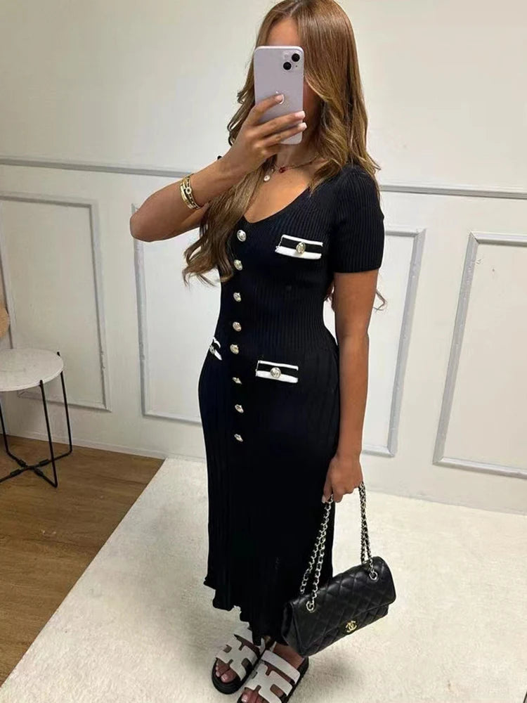 Office Lady Elegant Knitted Long Dress Summer Short Sleeve V Neck Single Breasted Bodycon Women Dresses