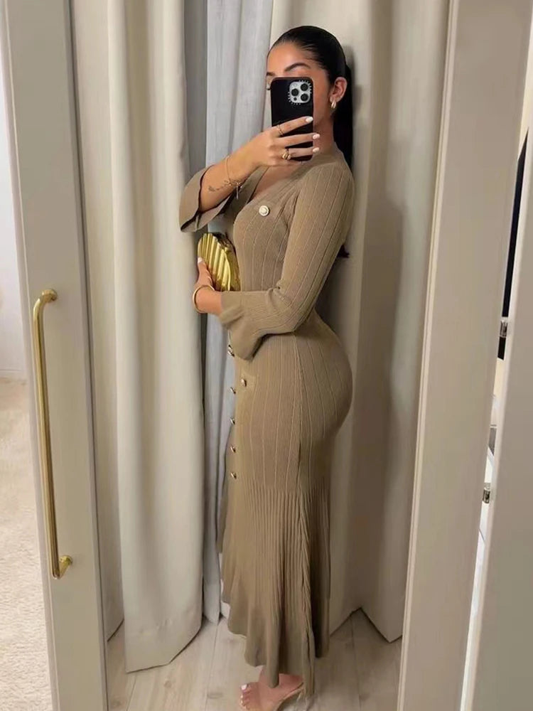 Office Lady Elegant Knitted Long Dress Summer Short Sleeve V Neck Single Breasted Bodycon Women Dresses