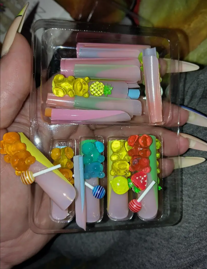 24pcs Vibrant Gummy Bear & Lollipop Charms Square Nail Set