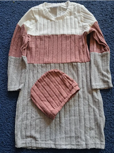 Three-Tone Color Block Long-Sleeve Dress and Matching Hat Set