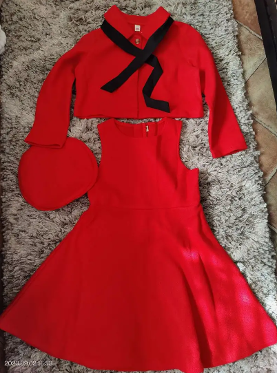 3pcs, Bowknot Coat & Beret & Tank Dress Set