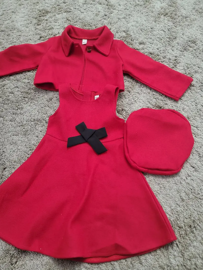3pcs, Bowknot Coat & Beret & Tank Dress Set