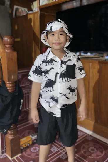 3pcs Boy's Casual Short Sleeve Collared Shirt With Hat & Shorts Set