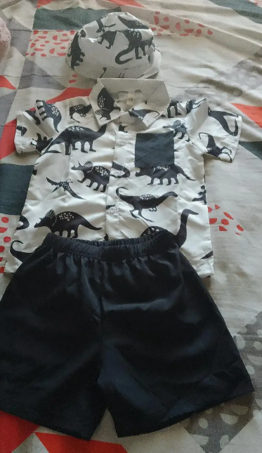 3pcs Boy's Casual Short Sleeve Collared Shirt With Hat & Shorts Set