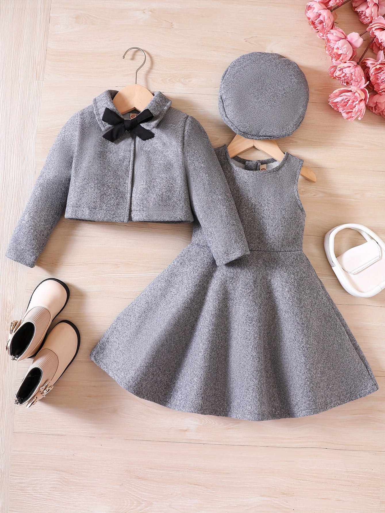 3pcs, Bowknot Coat & Beret & Tank Dress Set