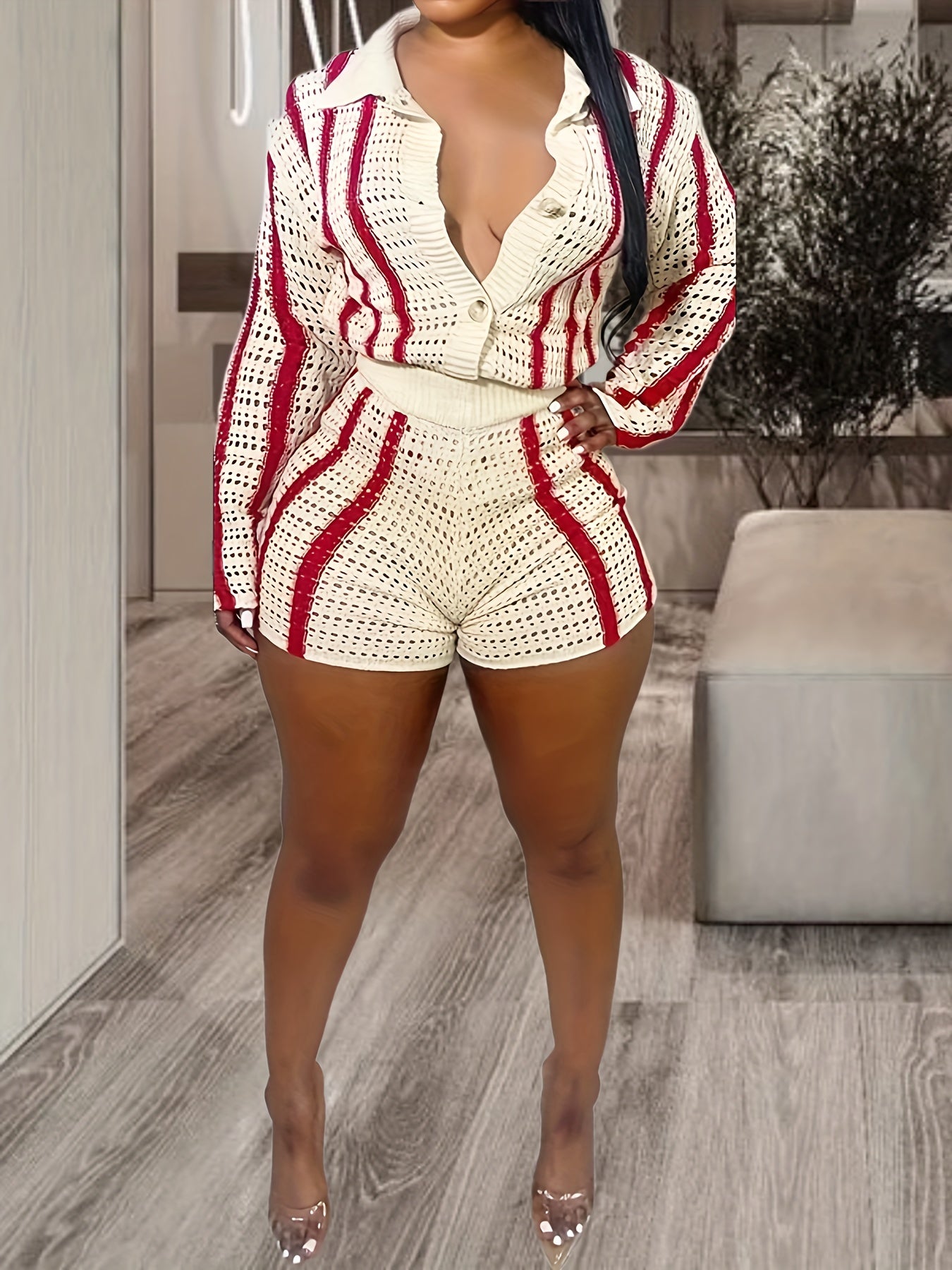 Two-Piece Color Knitted Pantsuit - Women's High Waist Shorts Outfits