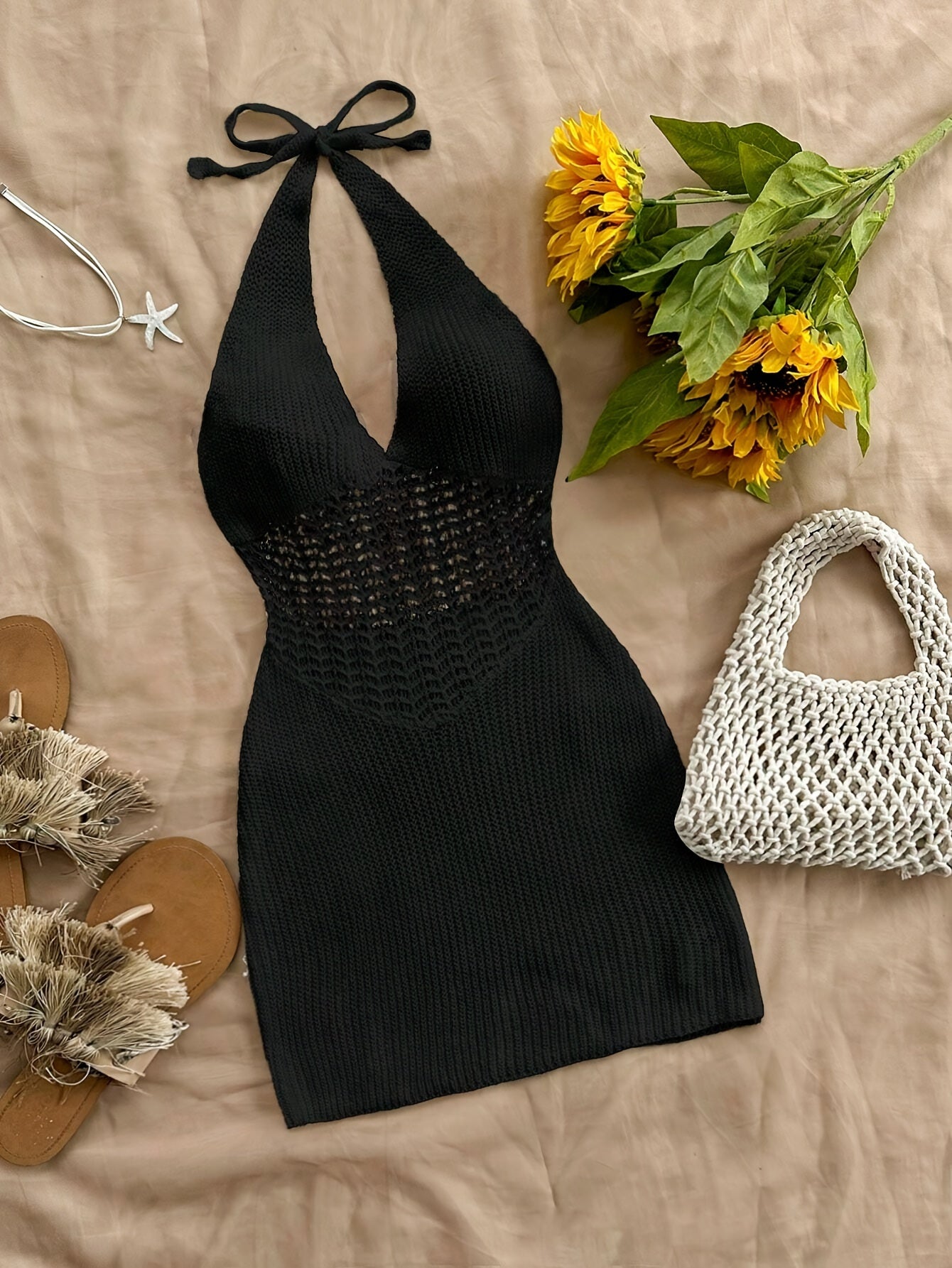 Hollow Out Halter Tie Neck Backless Dress