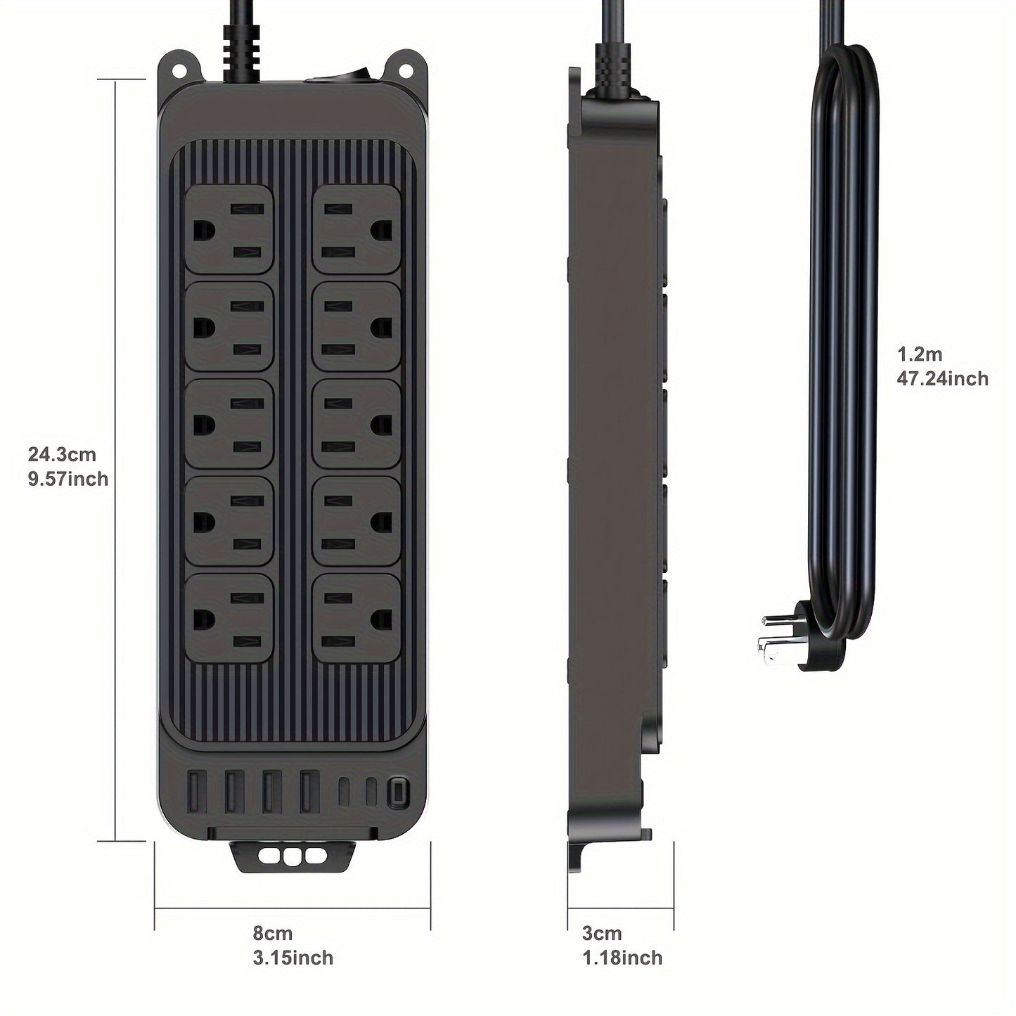 10-Outlet Flat Plug Power Strip with 6 USB Ports (2 USB-C)