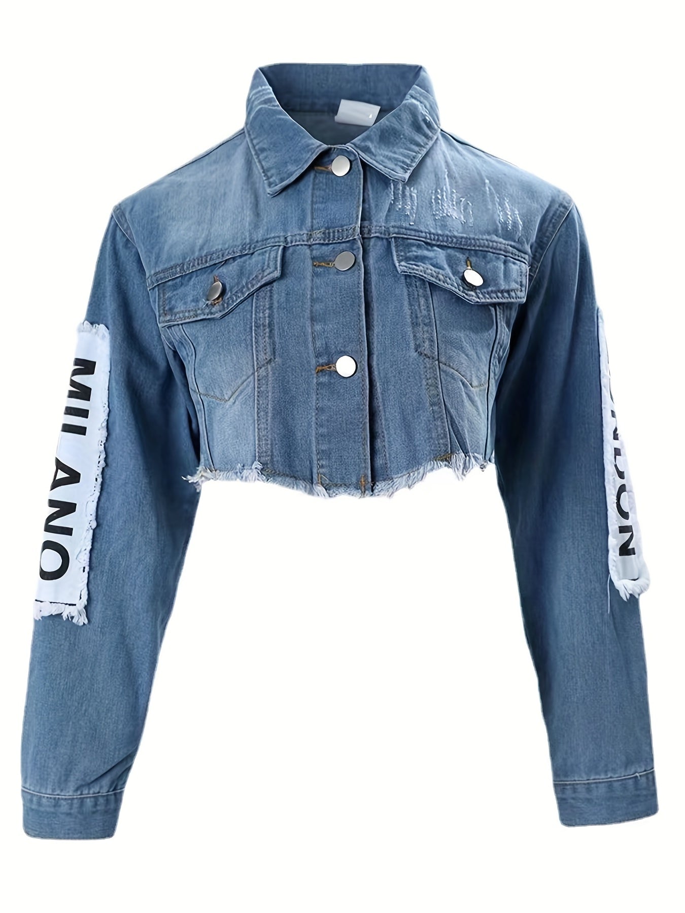 Vibrant Blue Alphabet Print Cropped Denim Jacket