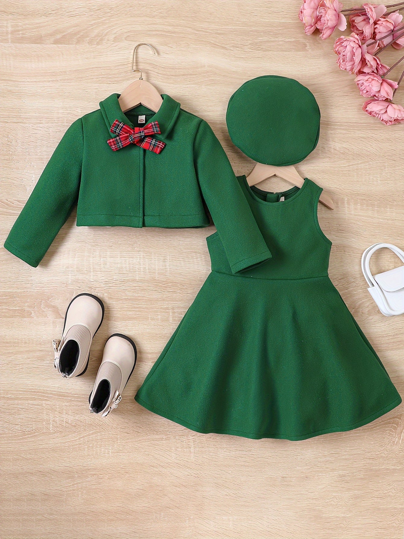 3pcs, Bowknot Coat & Beret & Tank Dress Set