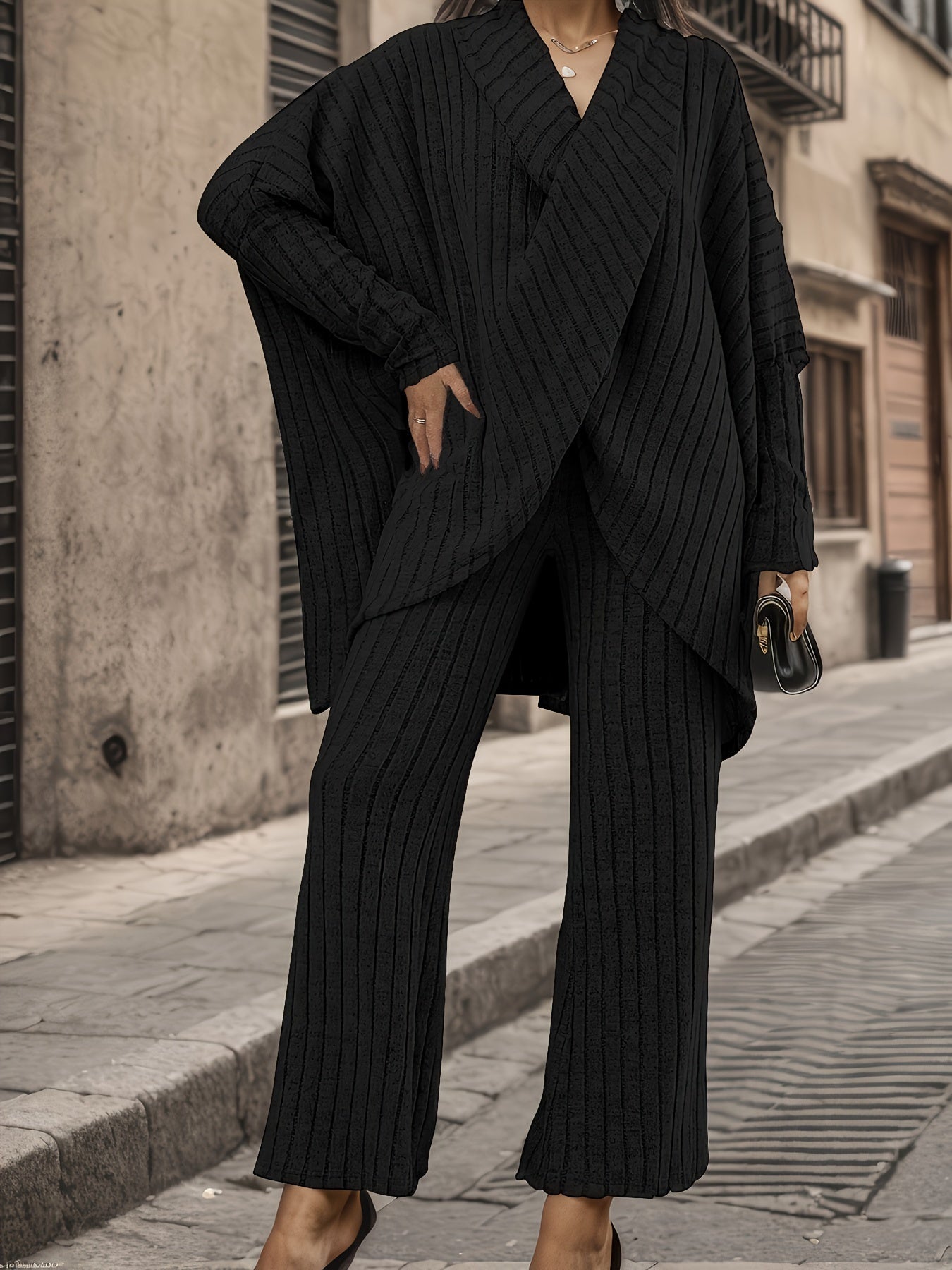 Plus Size Chic Solid Ribbed Two-Piece Outfit