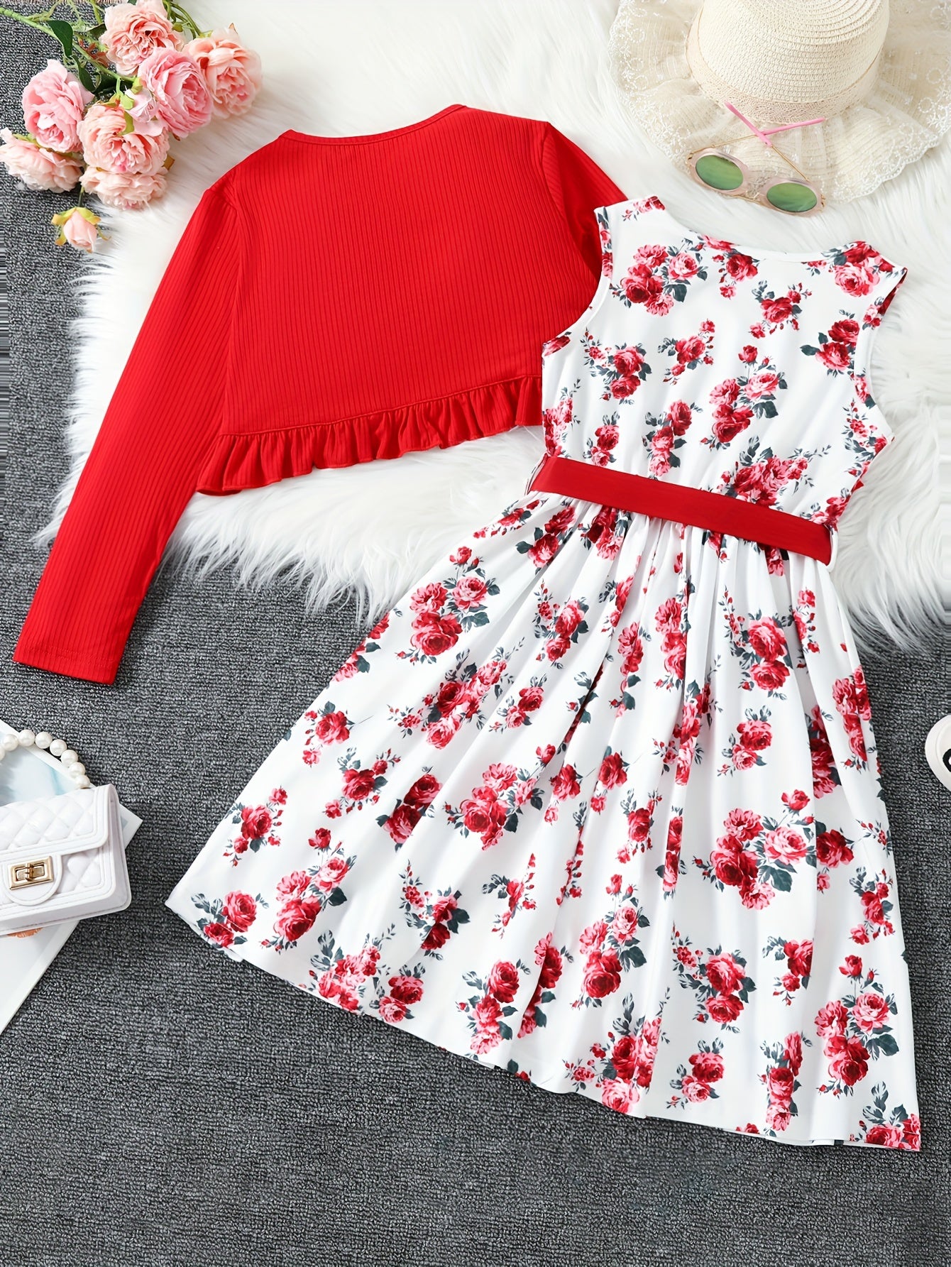 2 Piece Set Ruffle Decoration Cardigan Flower Print Sleeveless Dress