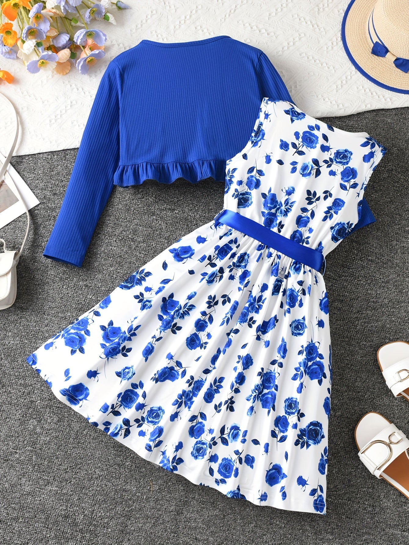 2 Piece Set Ruffle Decoration Cardigan Flower Print Sleeveless Dress