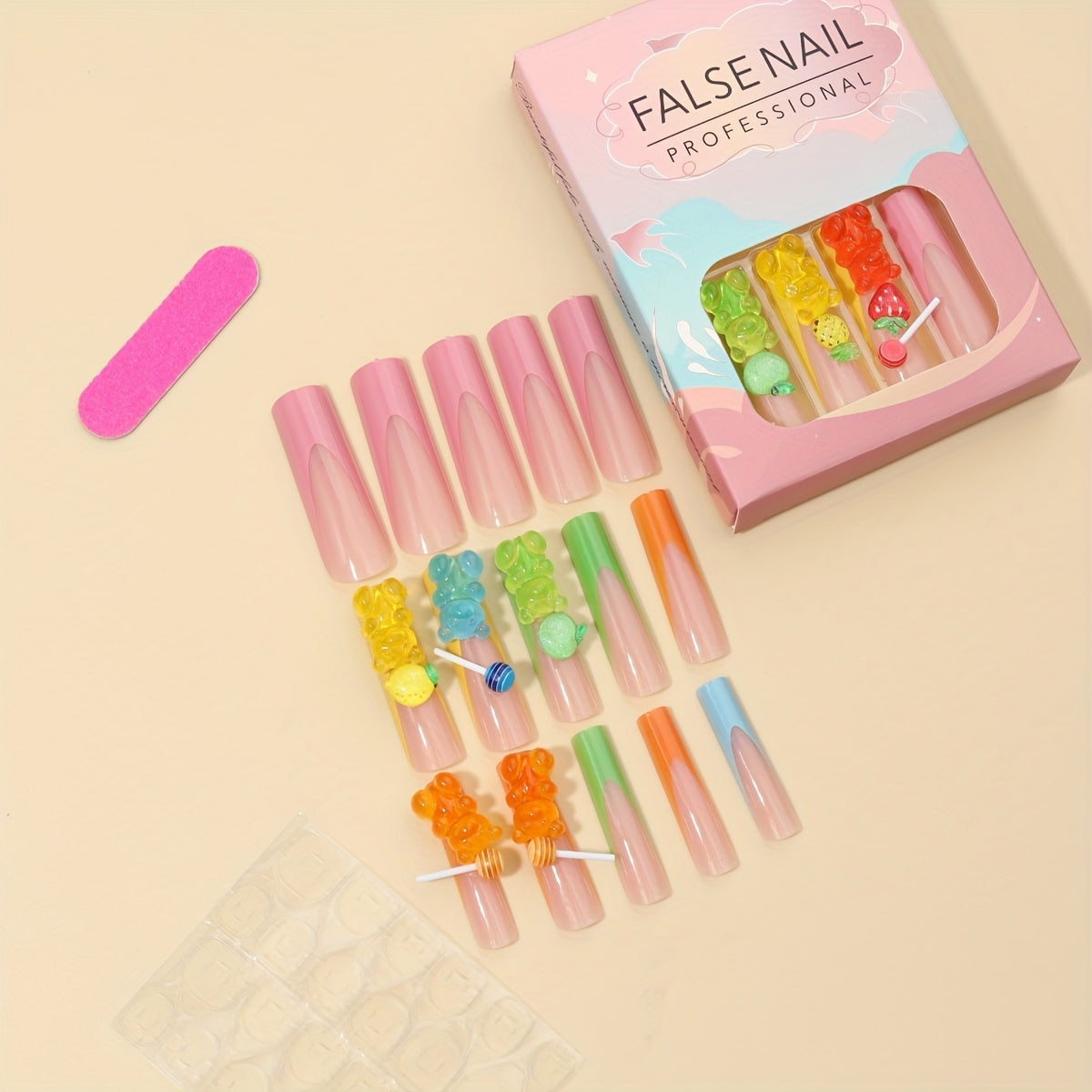 24pcs Vibrant Gummy Bear & Lollipop Charms Square Nail Set