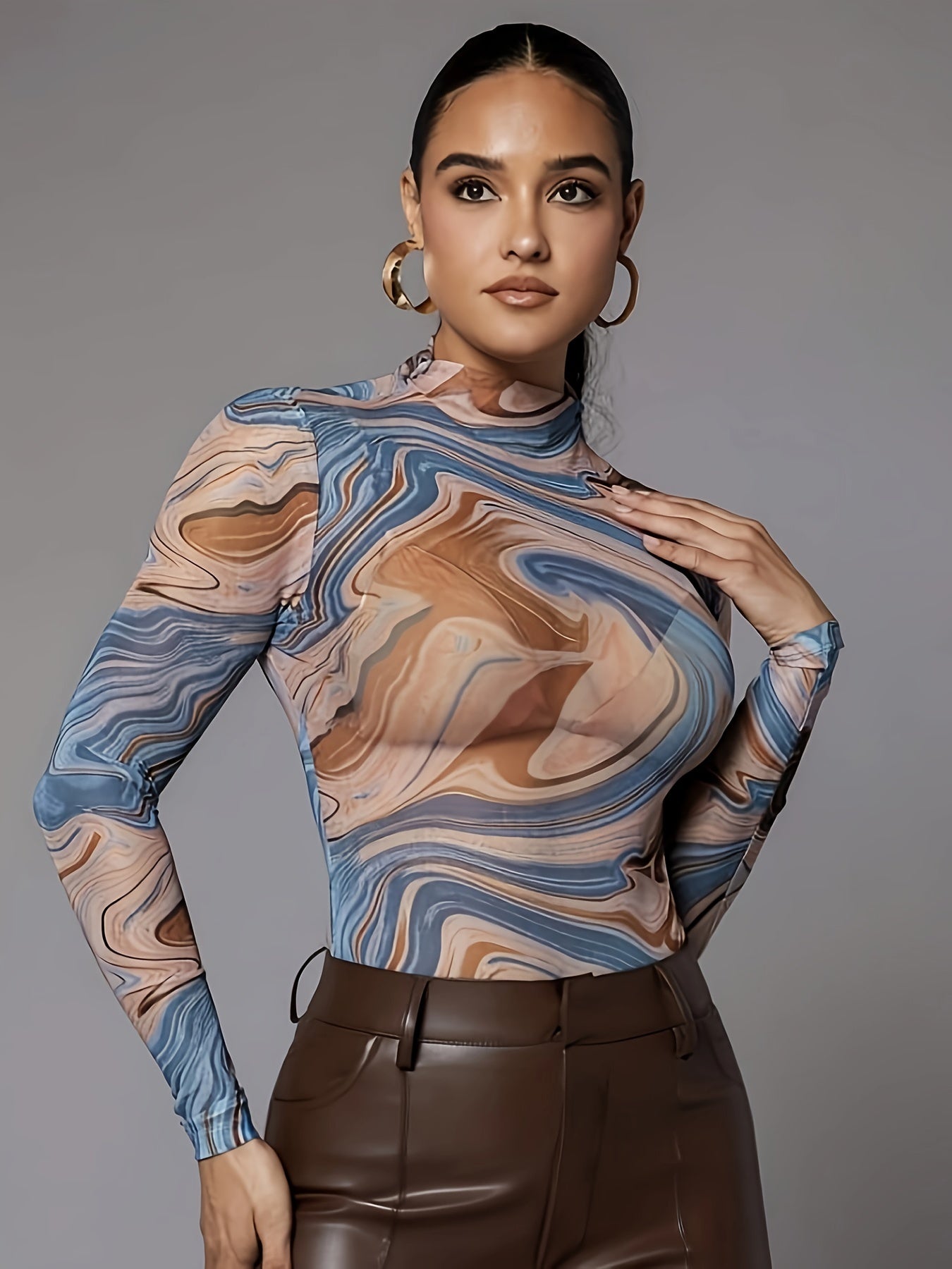 Marble Print Mock Neck Mesh Bodysuit