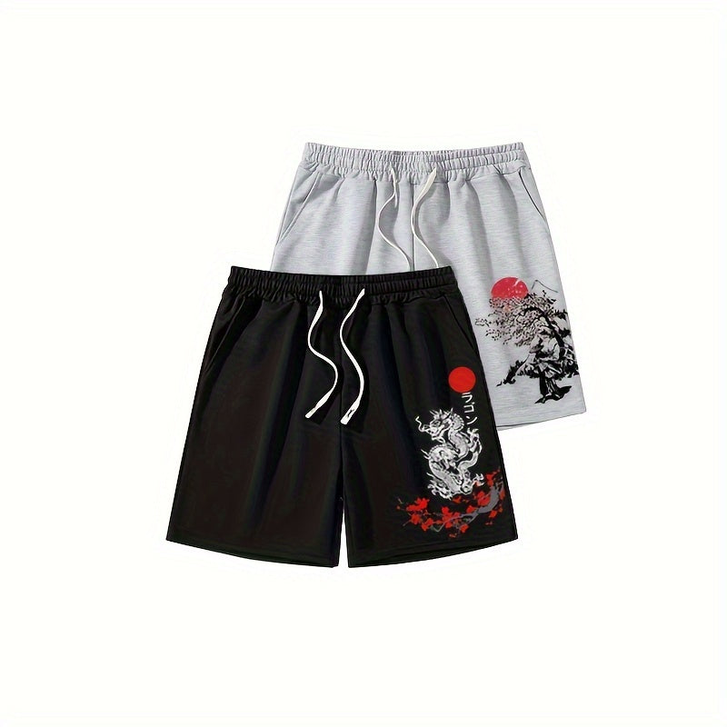 3pcs Stylish Pattern Print Drawstring Shorts Set