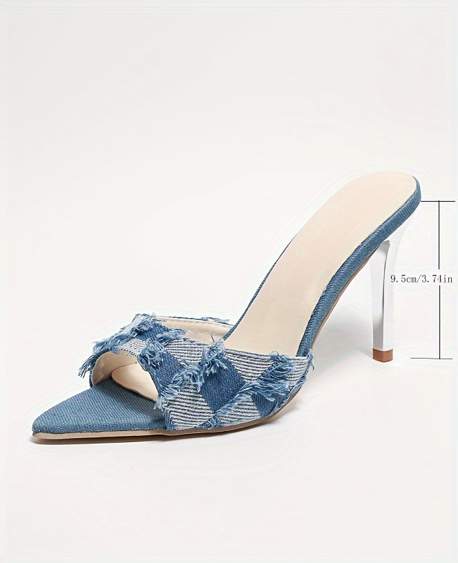 Ultrahigh Heel Plaid Pattern Stiletto Sandals - Elegant Open Toe Strappy Back Dress Pumps with Faux Leather Upper and Insole, Slip-on Closure, Rubber Sole