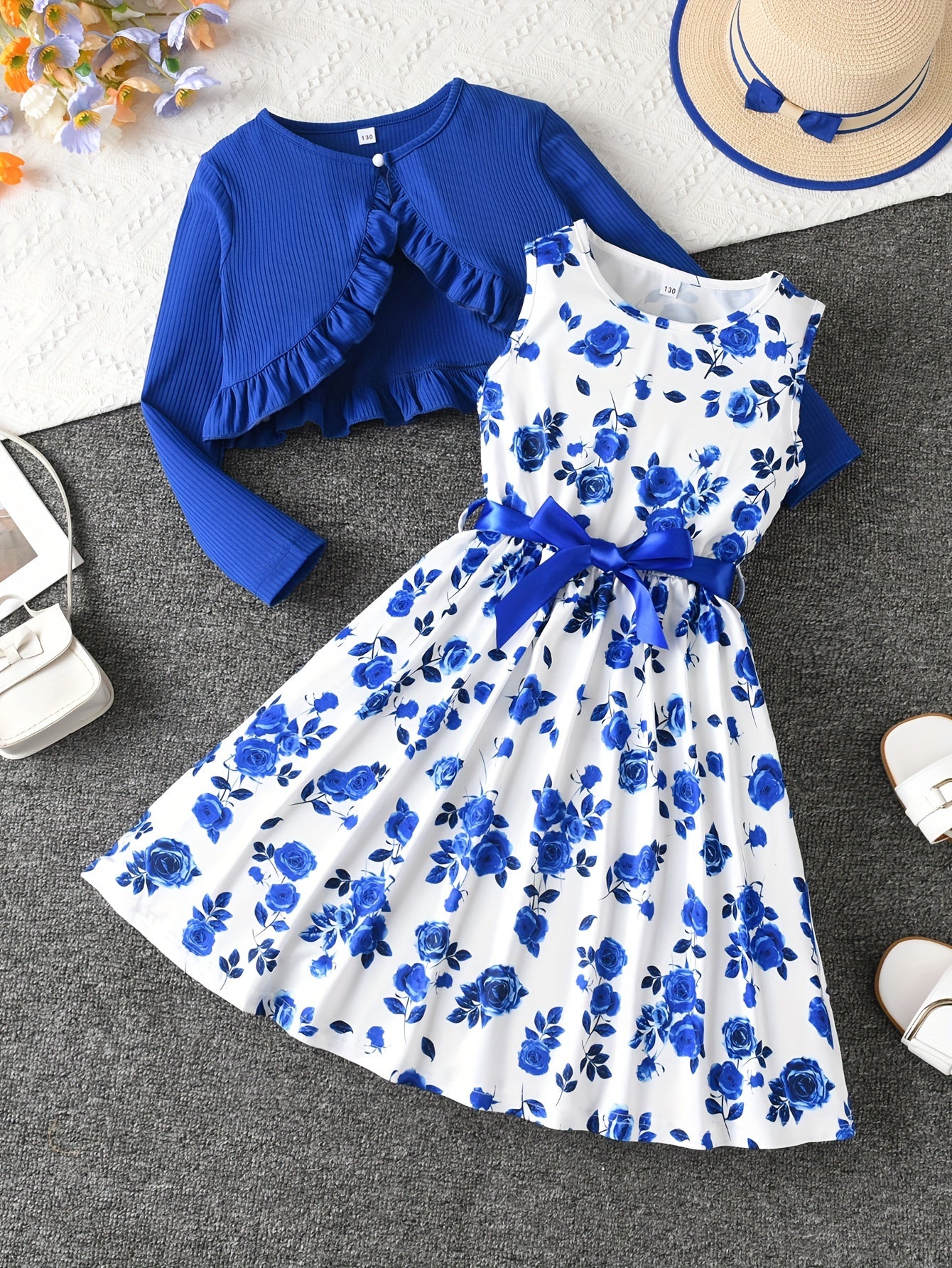 2 Piece Set Ruffle Decoration Cardigan Flower Print Sleeveless Dress