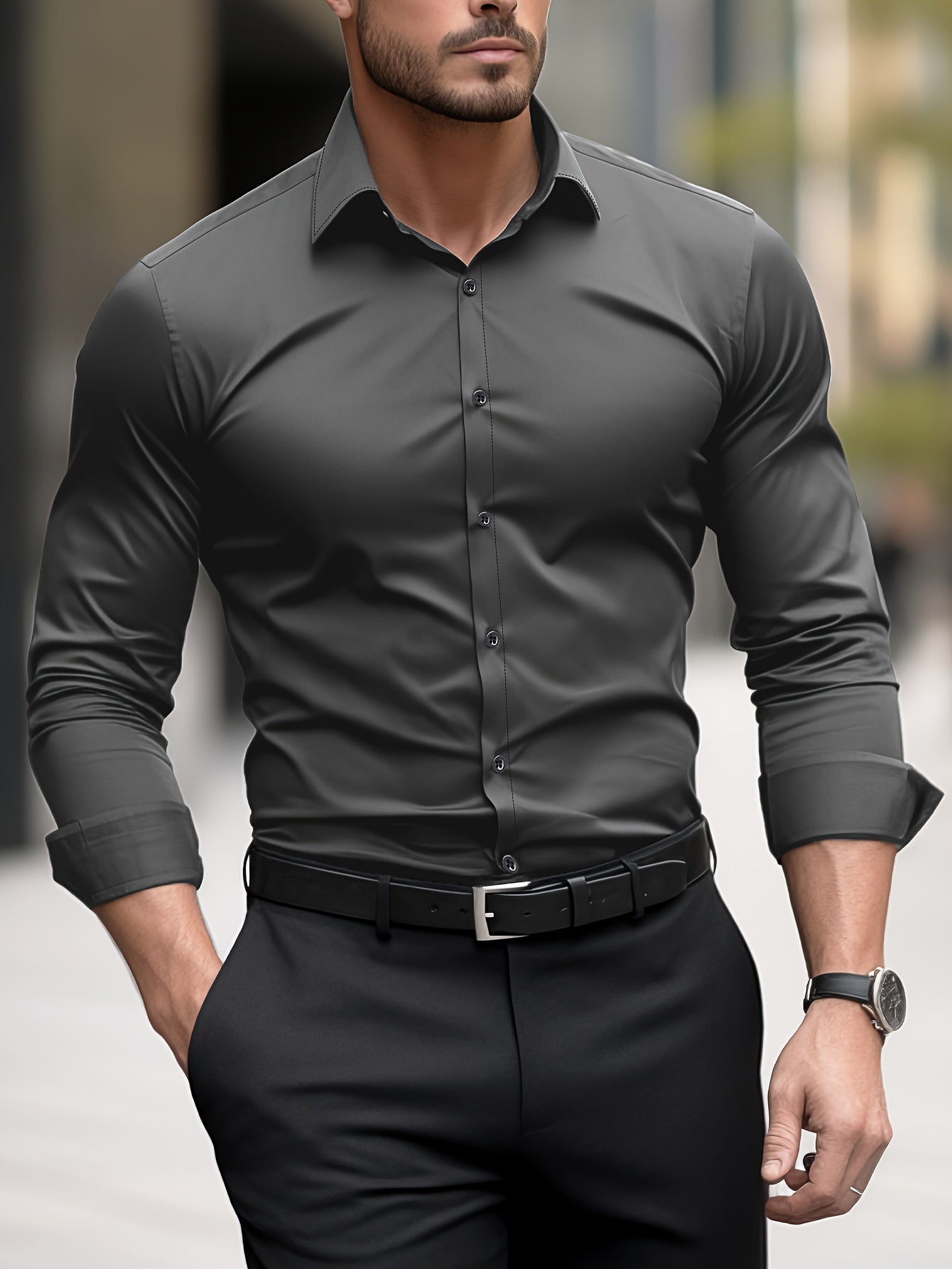 Long Sleeve Men's Solid Color Dress Shirts