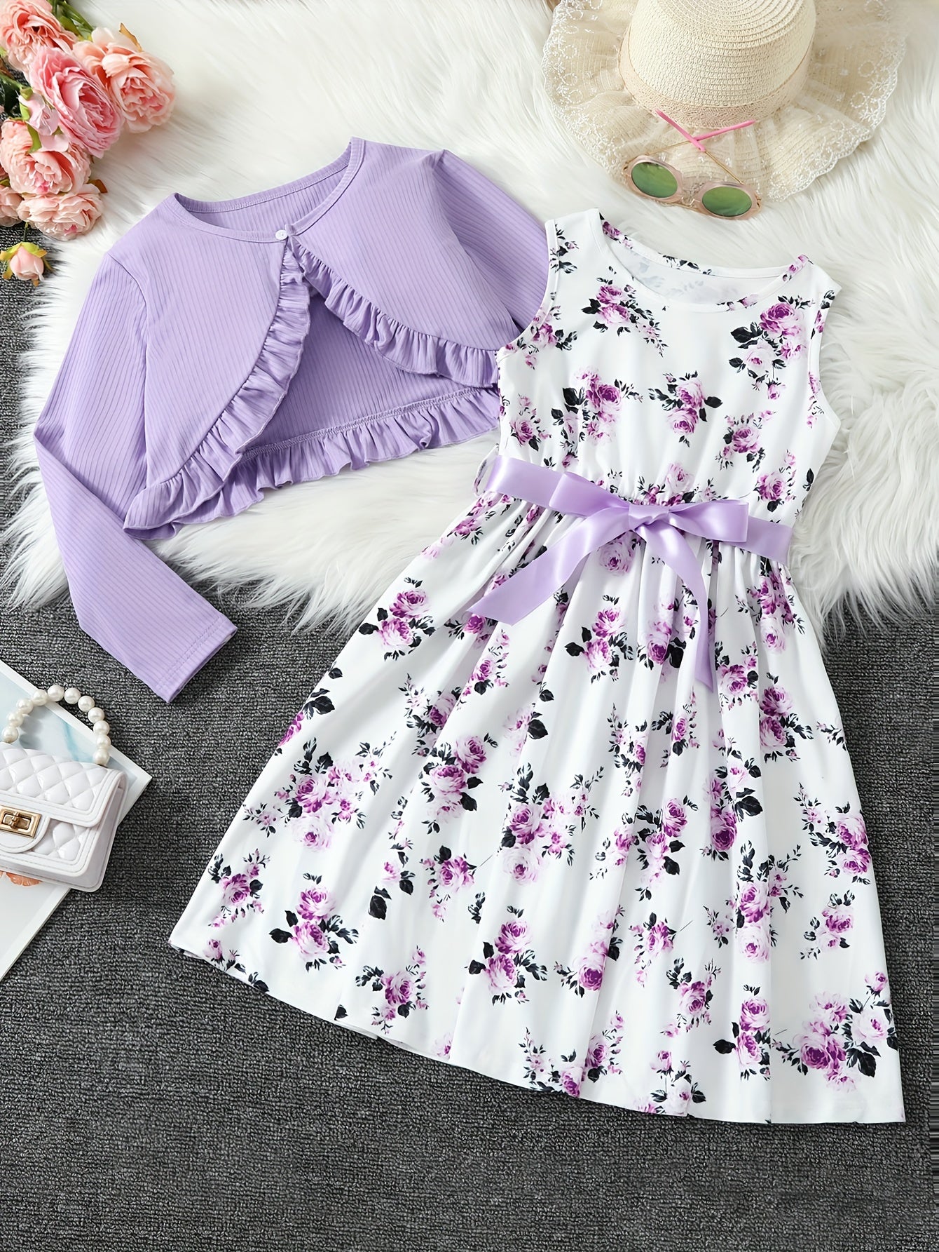 2 Piece Set Ruffle Decoration Cardigan Flower Print Sleeveless Dress
