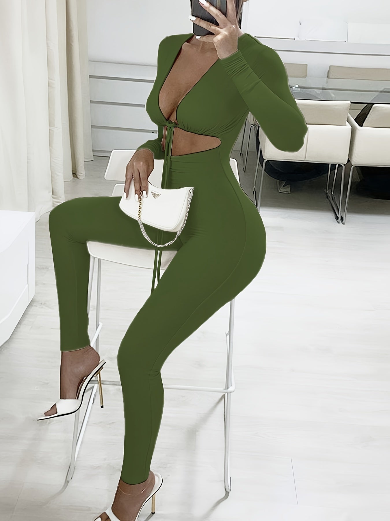 Long Sleeve Tie Front Cut Out Slim Jumpsuit
