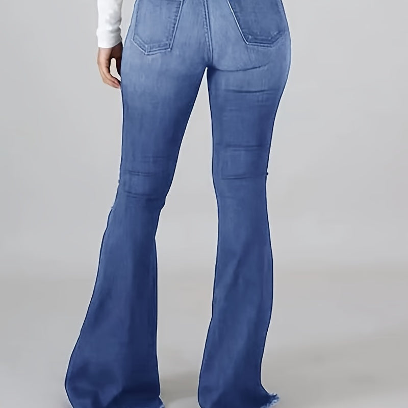 Plus Size Stylish Flare Leg Womens High-Waisted Stretchy Ripped Jeans